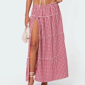 Edikted Red Checkered Maxi Skirt: Gingham side slit tiered maxi Skirt